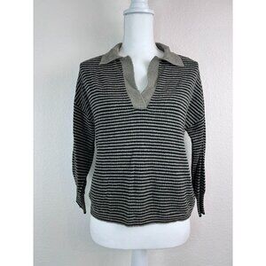Lilla P women's XS green striped collared cropped knit top‎ 3/4 sleeve casual